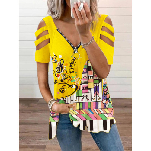 Abstract Piano Art Hollow Shoulder T Shirt