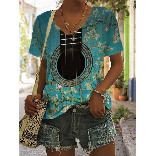 Almond Blossom Painted Guitar Inspired V Neck T Shirt