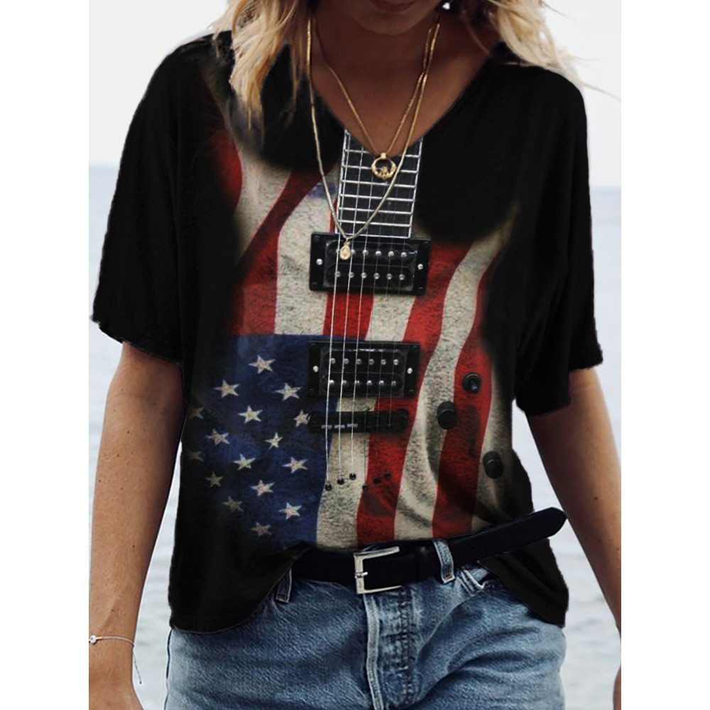 American Flag Inspired Guitar Graphic V Neck T Shirt