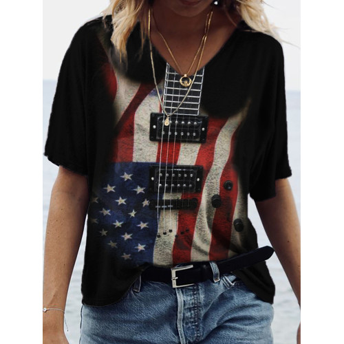 American Flag Inspired Guitar Graphic V Neck T Shirt