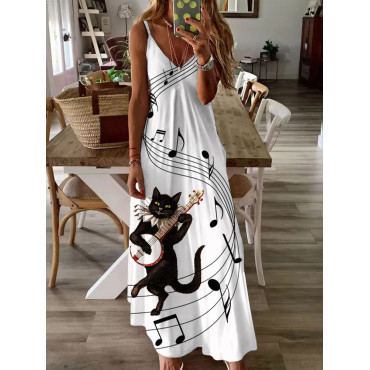 Animal Cat Music Art Print Pattern V Neck Cami Maxi Dress