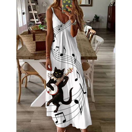 Animal Cat Music Art Print Pattern V Neck Cami Maxi Dress