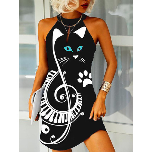 Animal Cat Music Black And White Line Art Fitted Mini Dress
