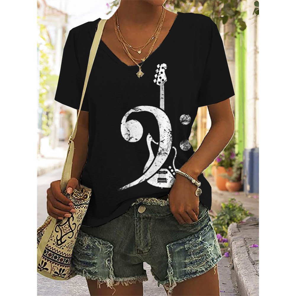 Bass Clef Bass Guitar V Neck Casual T Shirt