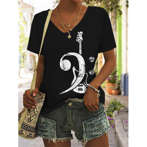 Bass Clef Bass Guitar V Neck Casual T Shirt