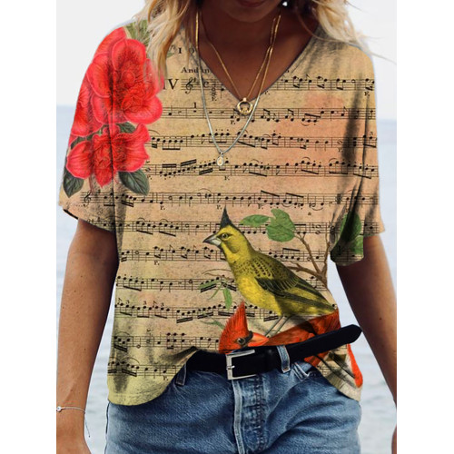 Birds Sing Sheet Musical Floral Vintage Distressed Print V Neck T-Shirt