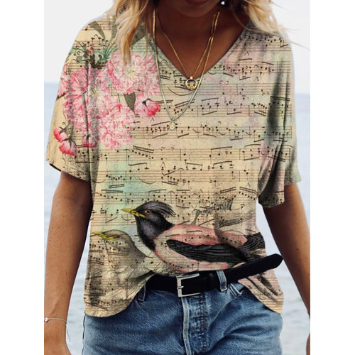 Birds Sing Sheet Musical Floral Vintage Distressed Print V Neck T-Shirt