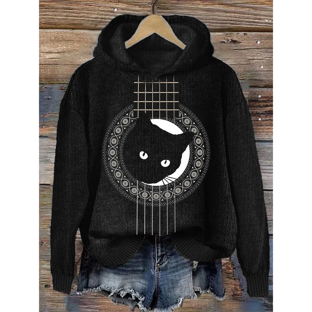 Black Cat Peeking Guitar Inspired Cozy Knit Hoodie