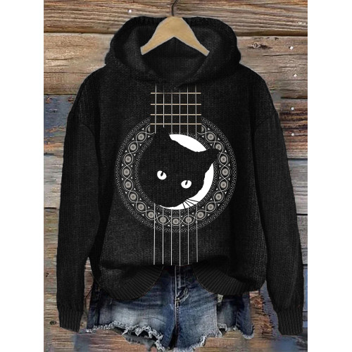Black Cat Peeking Guitar Inspired Cozy Knit Hoodie