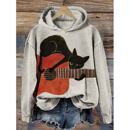 Black Cat Playing Guitar Funny Graphic Hoodie