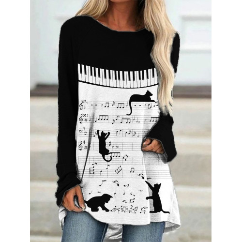Black Cats & Music Sheet Piano Contrast T Shirt