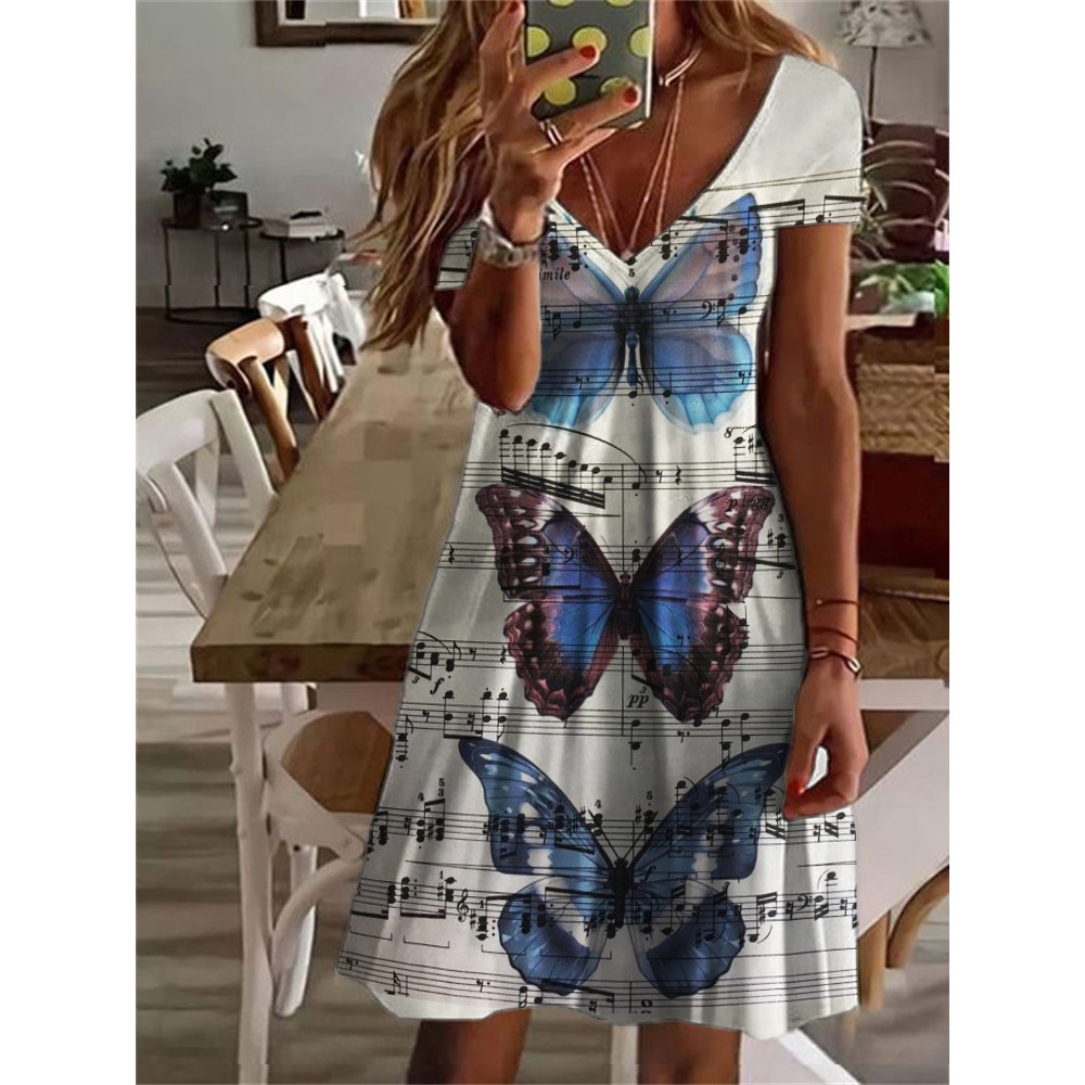Butterflies On Sheet Music V Neck Midi Dress