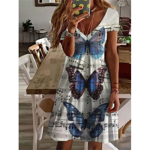 Butterflies On Sheet Music V Neck Midi Dress