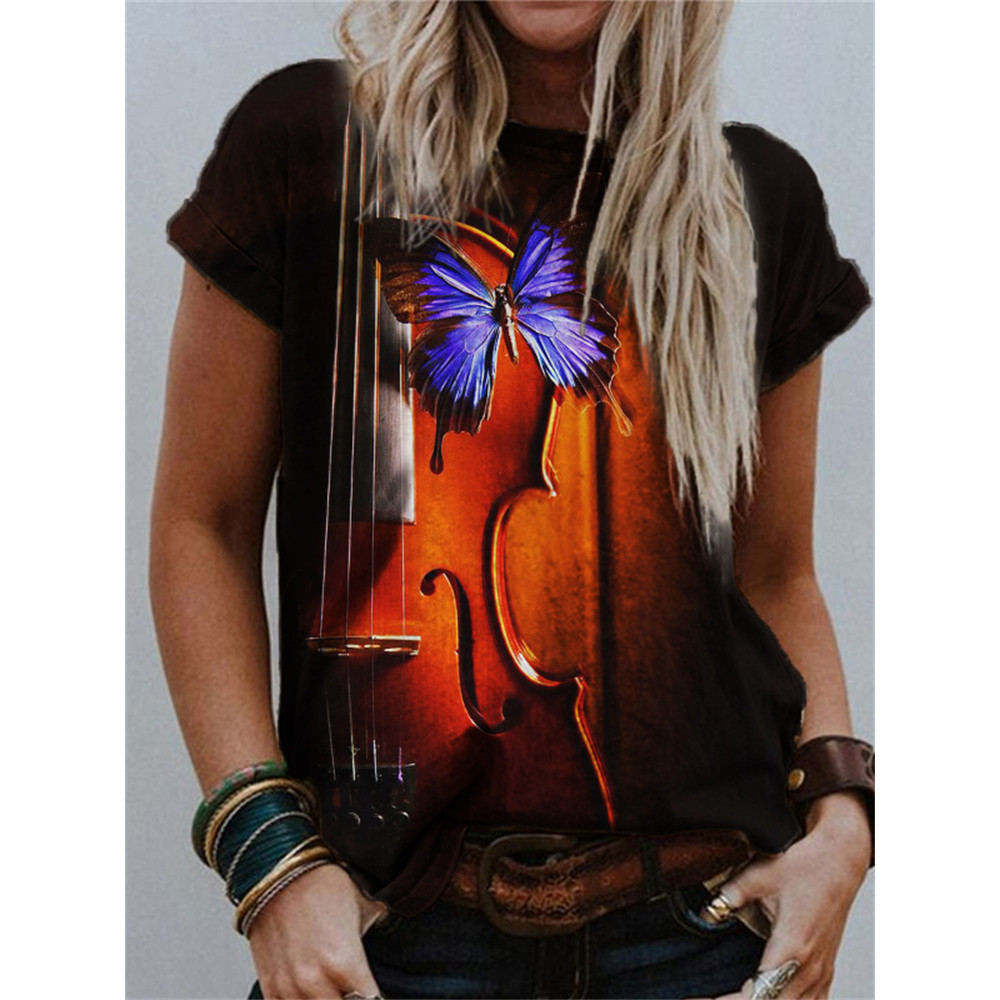 Butterfly on Violin Art Crew Neck T Shirt