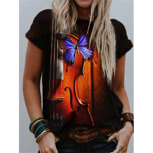 Butterfly on Violin Art Crew Neck T Shirt
