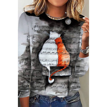 Casual Ink Sheet Music Cat Print T-Shirt