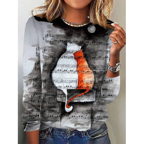 Casual Ink Sheet Music Cat Print T-Shirt
