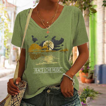 Casual Peace Love Music Printed Short Sleeve T-Shirt