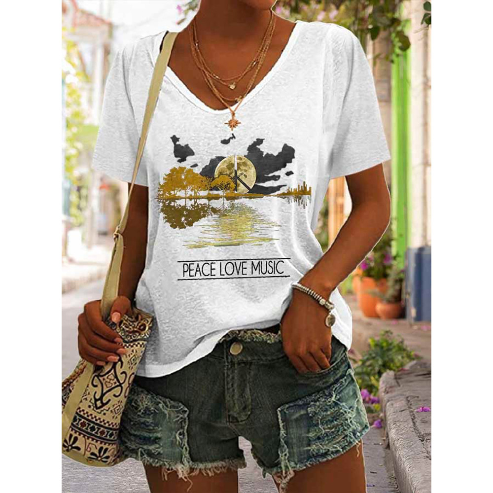 Casual Peace Love Music Printed Short Sleeve T-Shirt