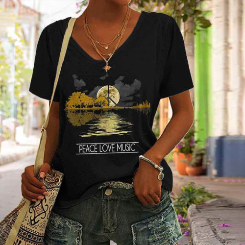 Casual Peace Love Music Printed Short Sleeve T-Shirt