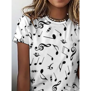 Casual Simple Music Note Print Round Neck Short Sleeve T-shirt