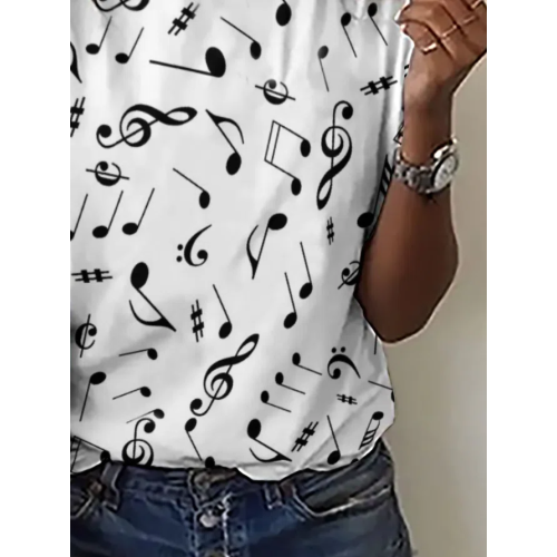Casual Simple Music Note Print Round Neck Short Sleeve T-shirt