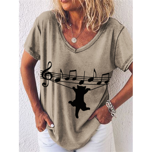 Cat Hanging Sheet Music V Neck T Shirt