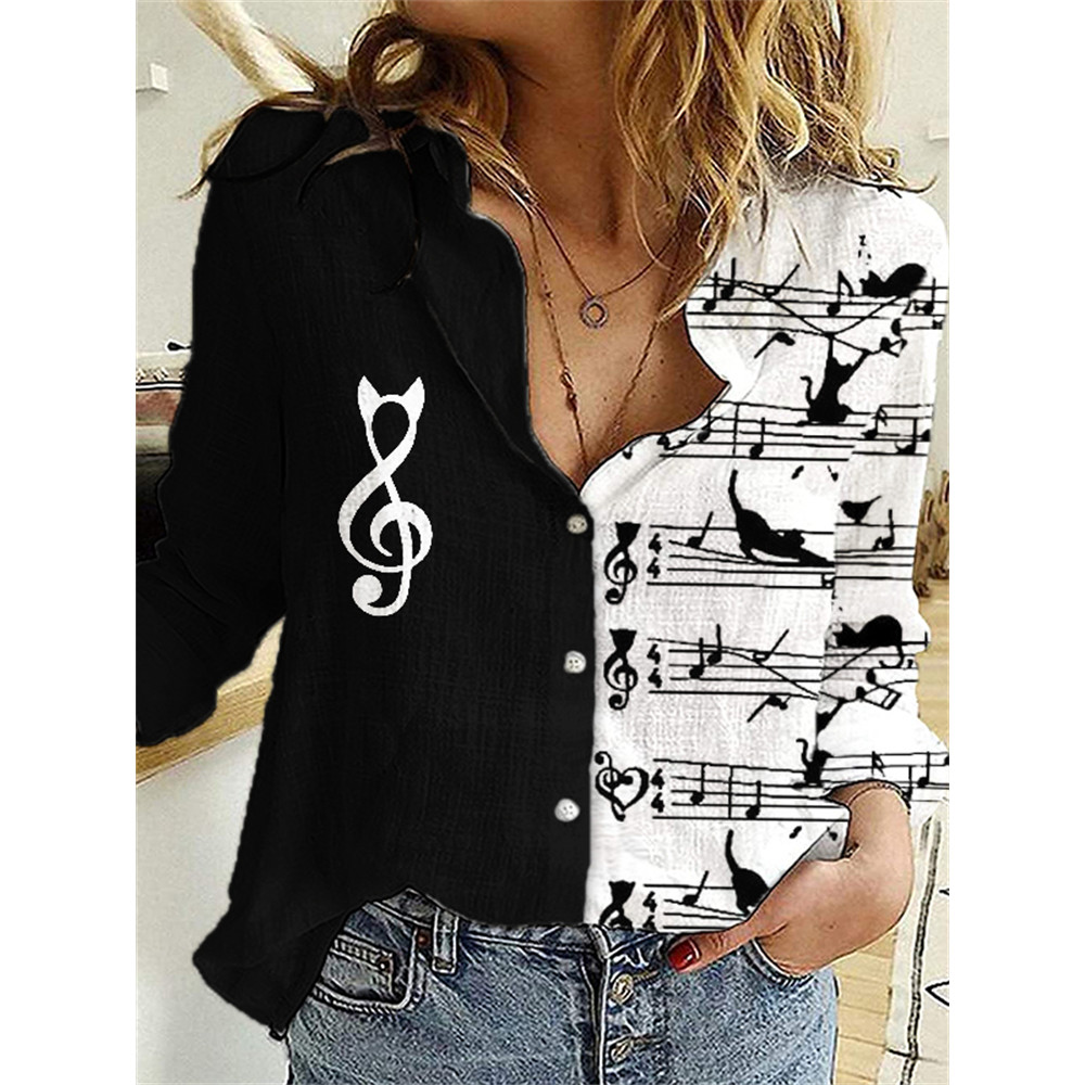 Cat Inspired Music Sheet Notes Contrast Blouse