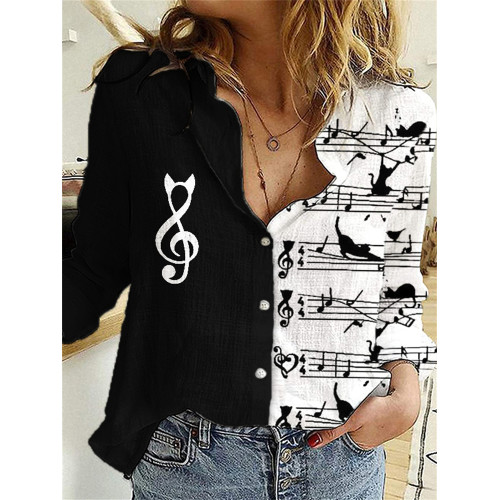Cat Inspired Music Sheet Notes Contrast Blouse
