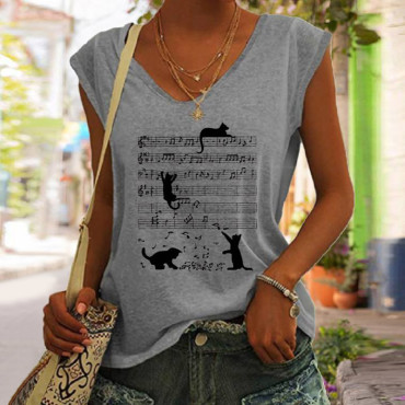 Cat Music Sheet Print Casual Tank Top