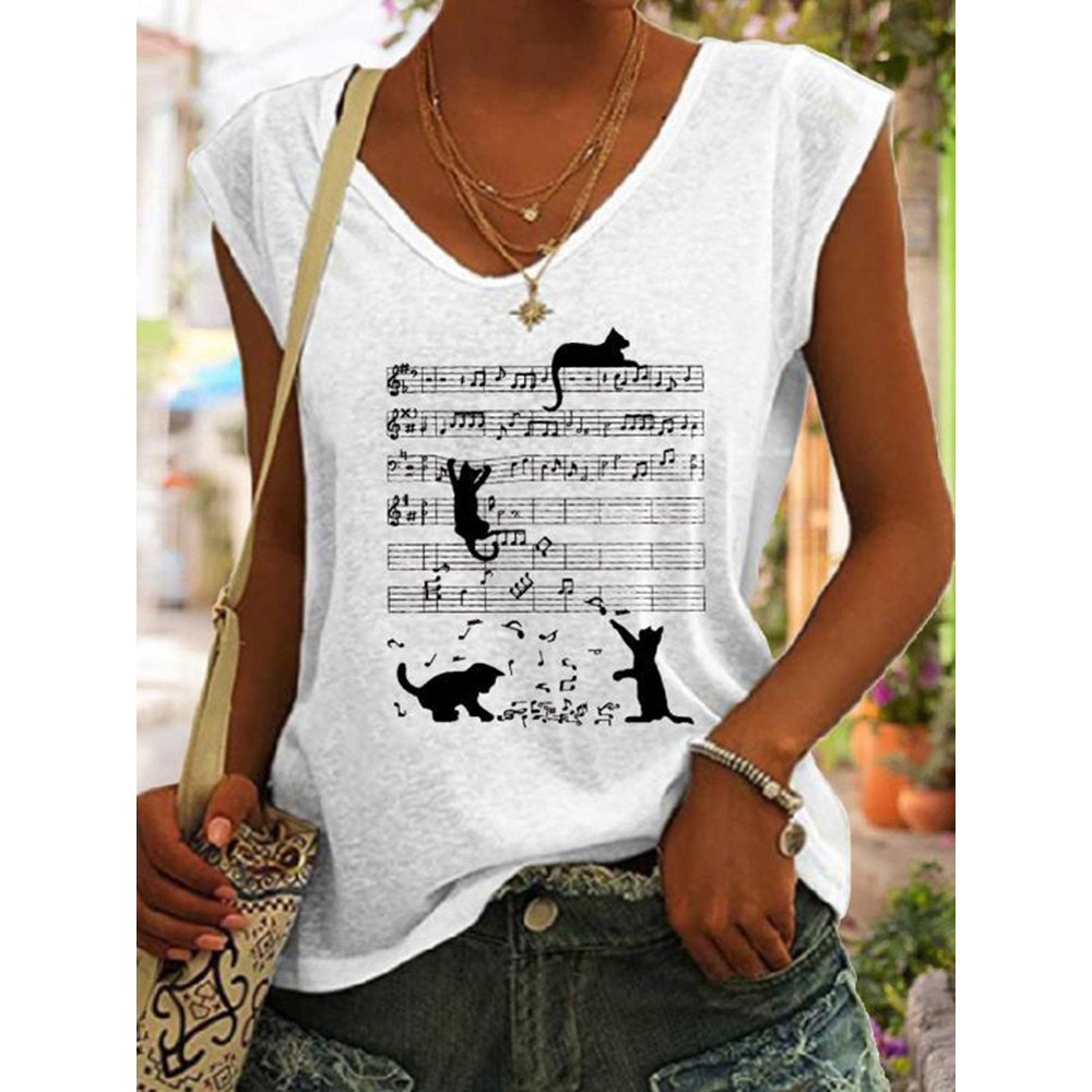Cat Music Sheet Print Casual Tank Top