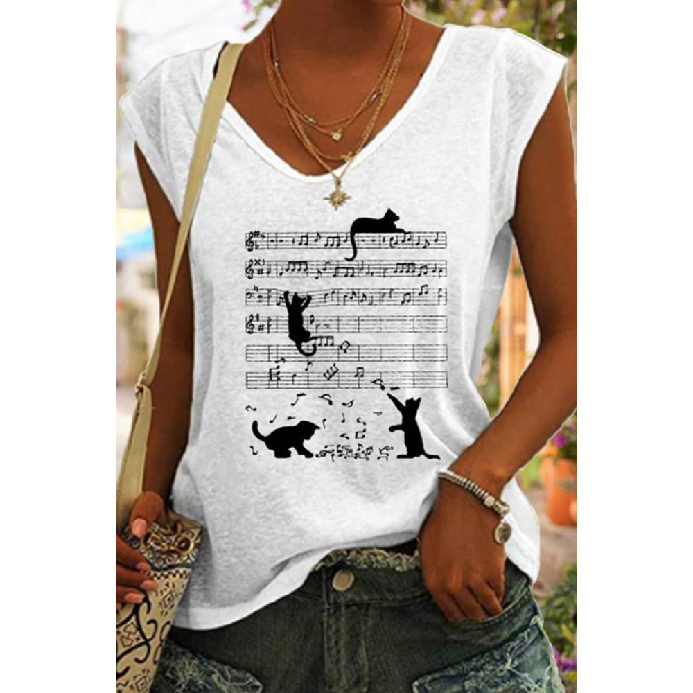 Cat Music Sheet Print Casual Tank Top