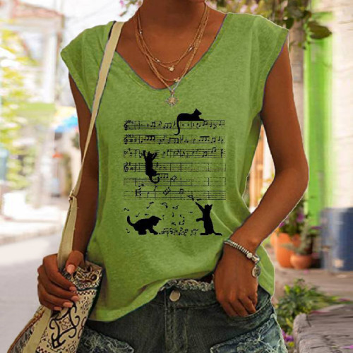 Cat Music Sheet Print Casual Tank Top