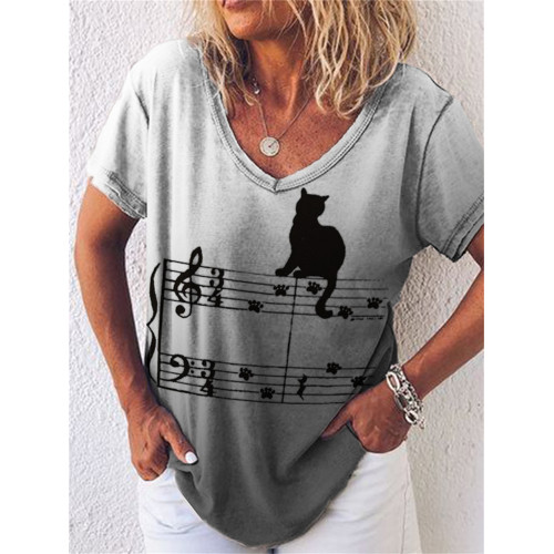 Cat Paw Print Music Notes Gradient V Neck T Shirt