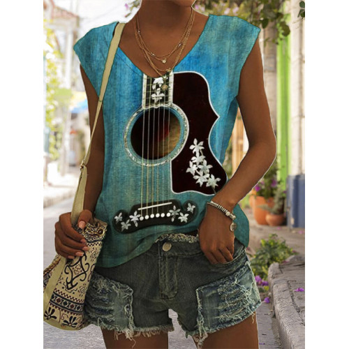 Classy Flowers Deco Guitar V Neck Tank Top
