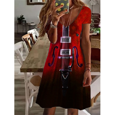 Classy Glitter Guitar Gradient V Neck Midi Dress