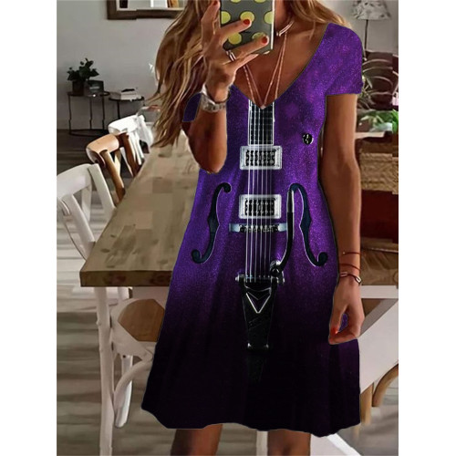 Classy Glitter Guitar Gradient V Neck Midi Dress