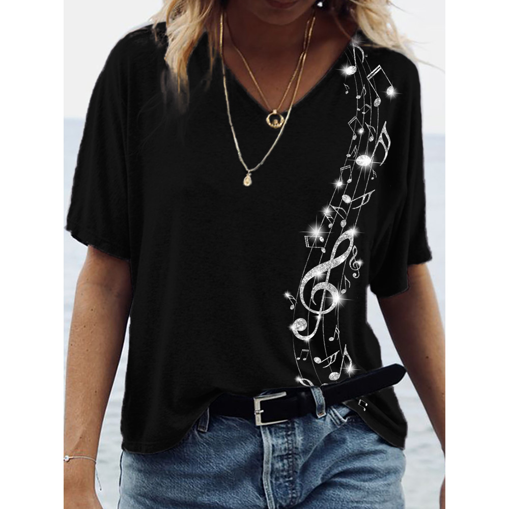 Classy Glitter Music Notes V Neck T Shirt