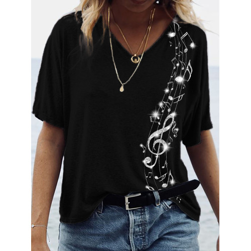 Classy Glitter Music Notes V Neck T Shirt