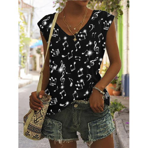 Classy Glitter Music Notes V Neck Tank Top