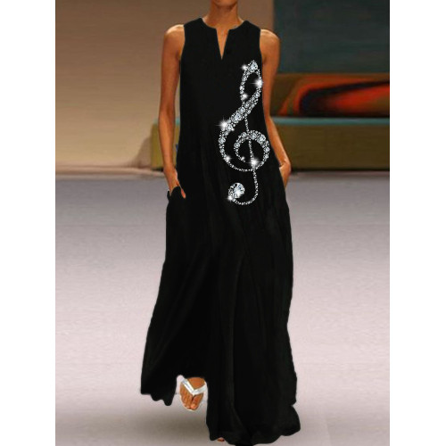 Classy Glitter Treble Clef Notch Neck Flowy Maxi Dress