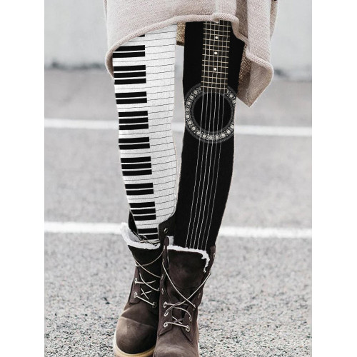 Classy Guitar & Piano Inspired Contrast Graphic Leggings
