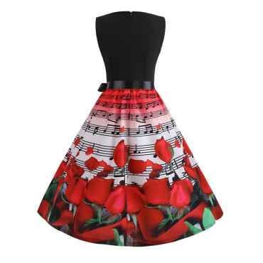 Classy Tied Roses & Music Notes Wide Skirt Midi Dress