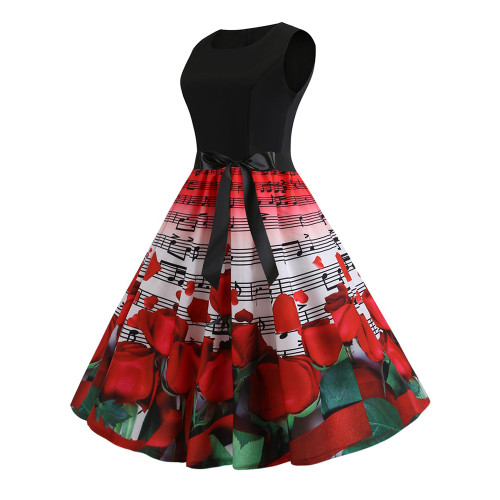 Classy Tied Roses & Music Notes Wide Skirt Midi Dress