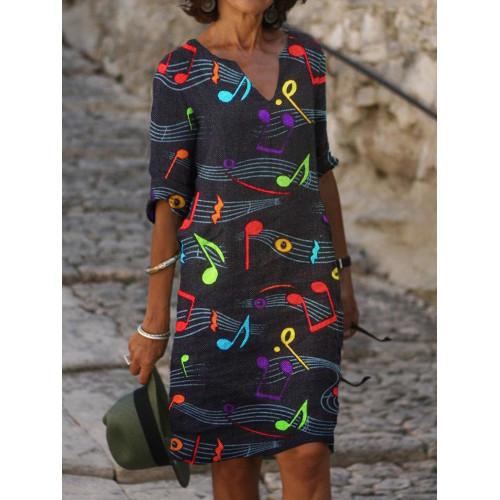 Colored Music Notes Graphic Notch Neck Midi Dress