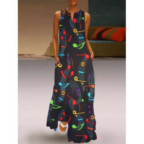 Colored Music Notes Graphic Sleeveless Flowy Maxi Dress