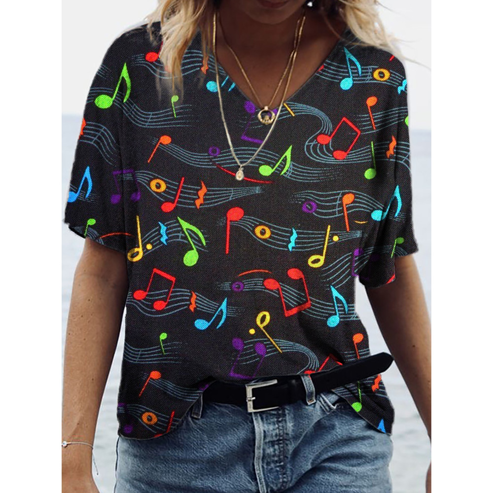 Colored Music Notes Graphic V Neck Comfy T Shirt