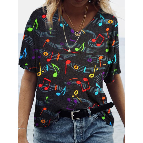 Colored Music Notes Graphic V Neck Comfy T Shirt
