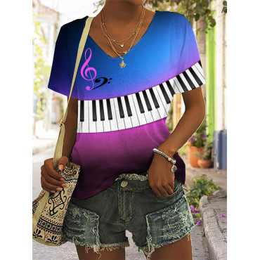 Colored Treble Clef Print V Neck T Shirt