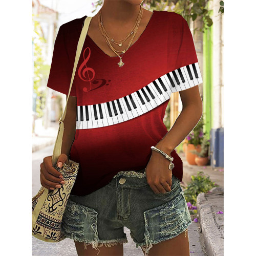 Colored Treble Clef Print V Neck T Shirt